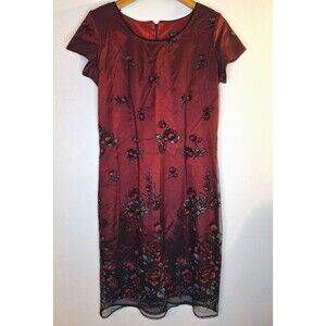 Vintage Burgundy Midi Dress Sz 10 Embroidered Satin Sheer Overlay Whimsigoth Y2K